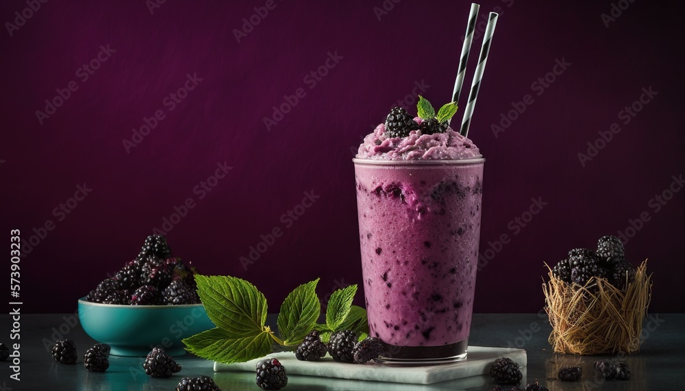  a drink with berries and ice cream in a glass with a straw and a spoon on a table with a purple bac