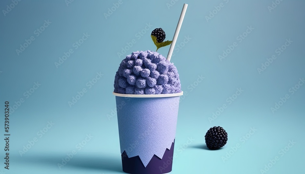  a cup with a straw and some blackberries in it on a blue background with a green leaf on the top of