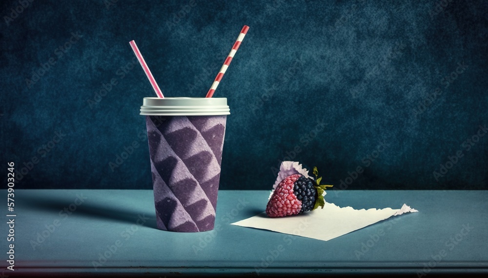  a cup of coffee next to a strawberries and a piece of paper on a blue surface with a blue backgroun