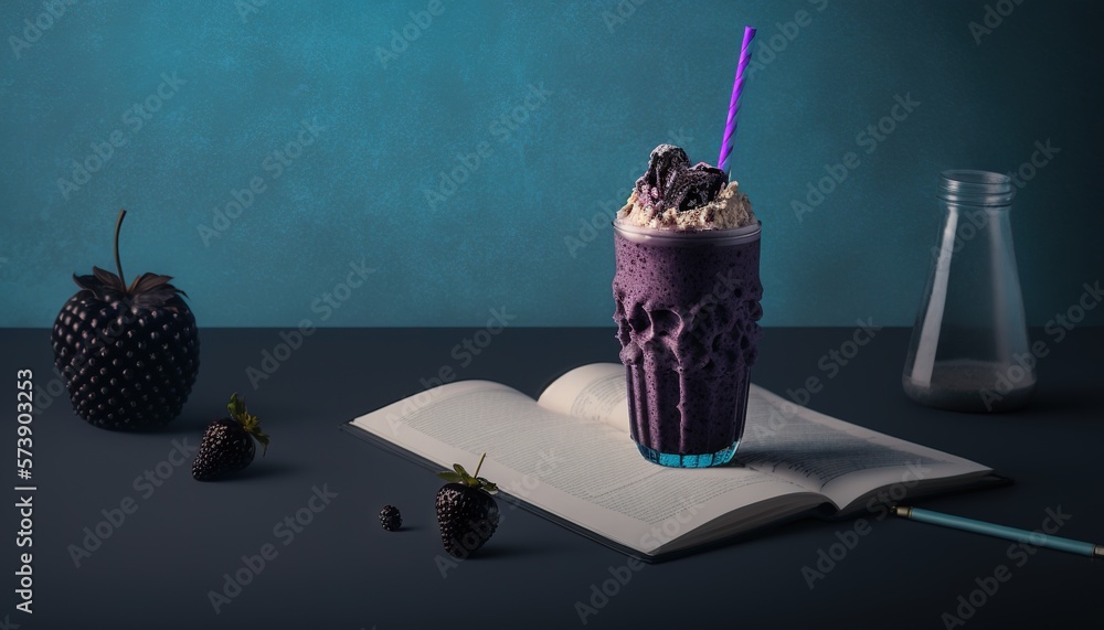  a book and a glass of ice cream and strawberries on a table with a blue wall in the background and 