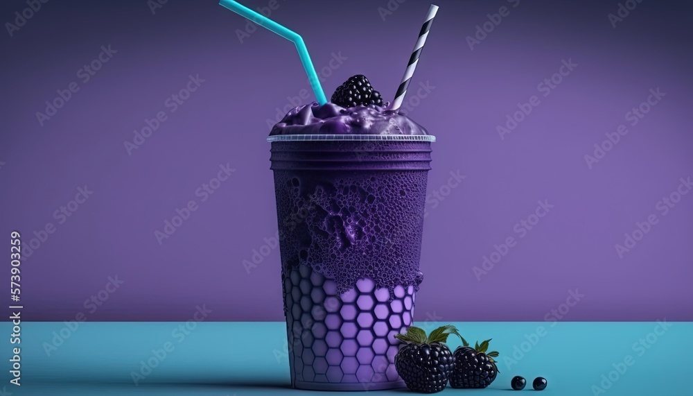  a purple drink with strawberries and ice cream on a blue surface with a purple background and a blu