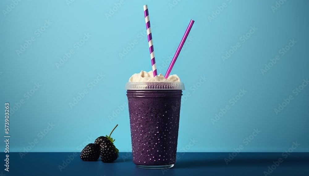  a purple drink with two straws next to a black berry on a blue surface with a blue wall in the back