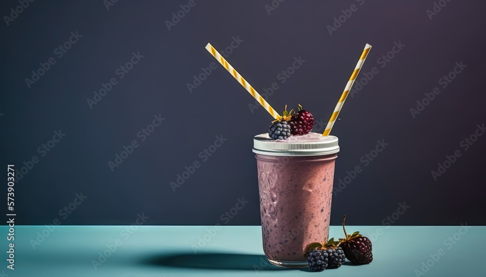  a smoothie with berries and two straws on a blue surface with a purple background and a yellow stri