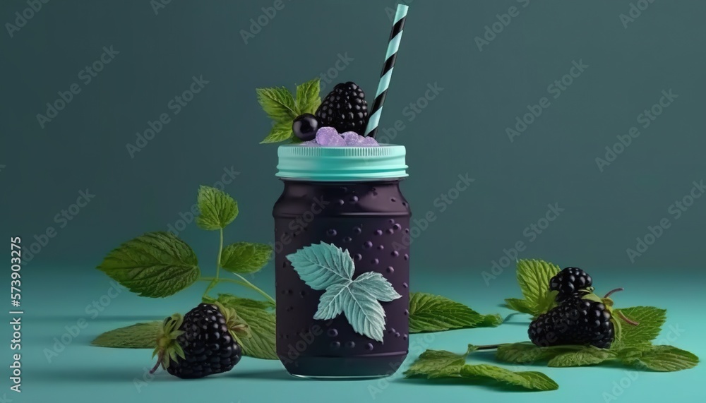  a mason jar filled with blackberries and mints with a straw and a striped striped straw in the top 