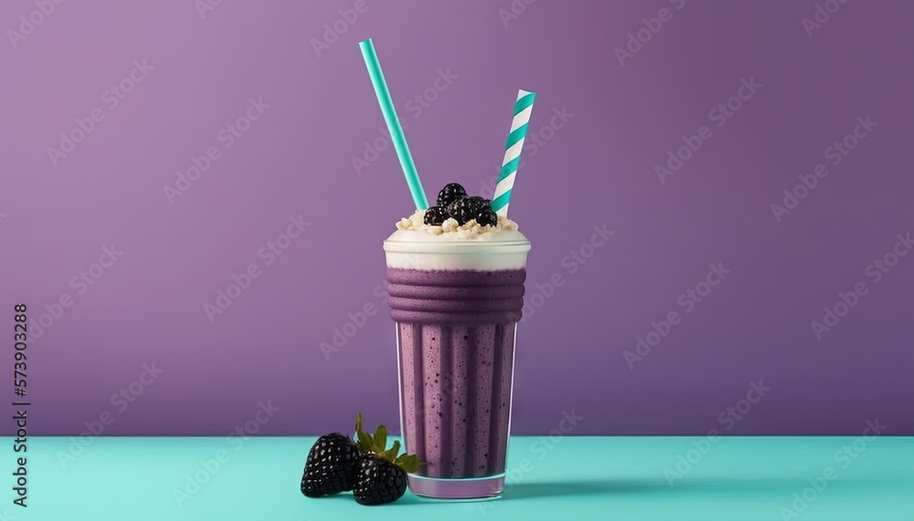  a cup of milkshake with a straw and blackberries on a blue table with a purple background and a pur