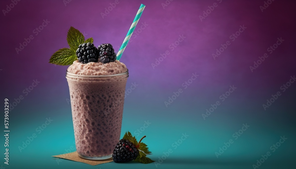  a drink with a straw and some blackberries on a blue and purple background with a green straw and a