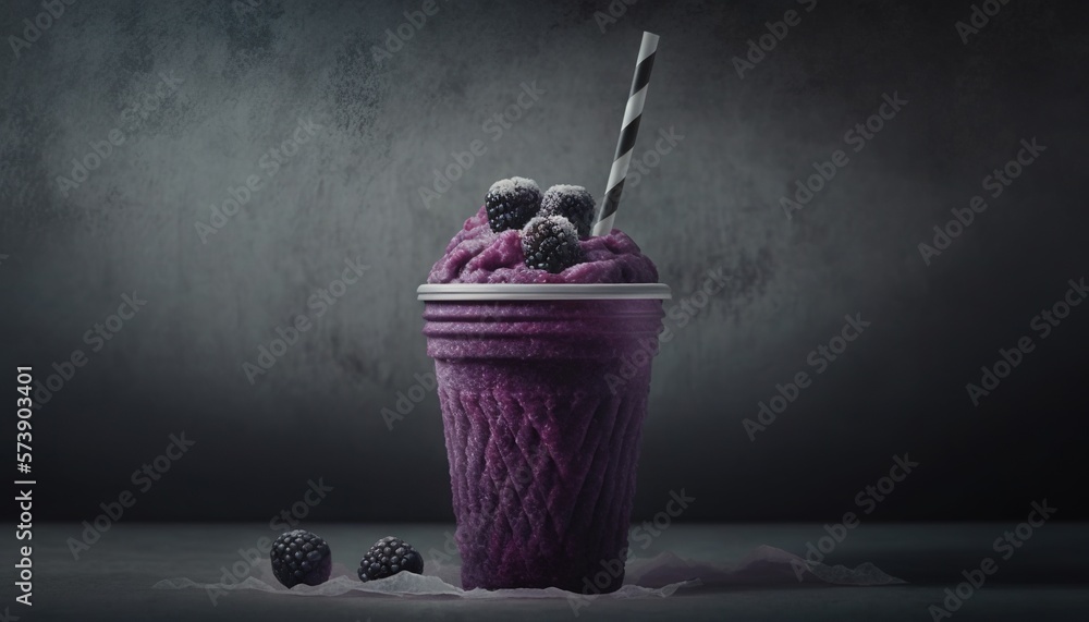  a purple drink with a straw and some blackberries on top of the drink and a gray background with a 