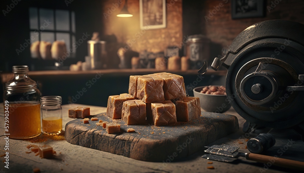  a wooden cutting board topped with lots of food next to a jar of honey and a grinder on a table nex