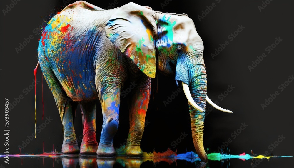  an elephant with a lot of paint all over its body and trunk, standing in front of a black backgrou