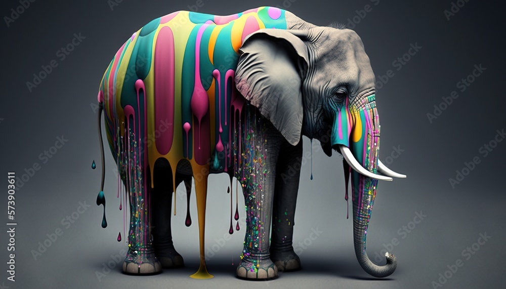  an elephant with a lot of paint on its face and trunk, standing in front of a gray background with