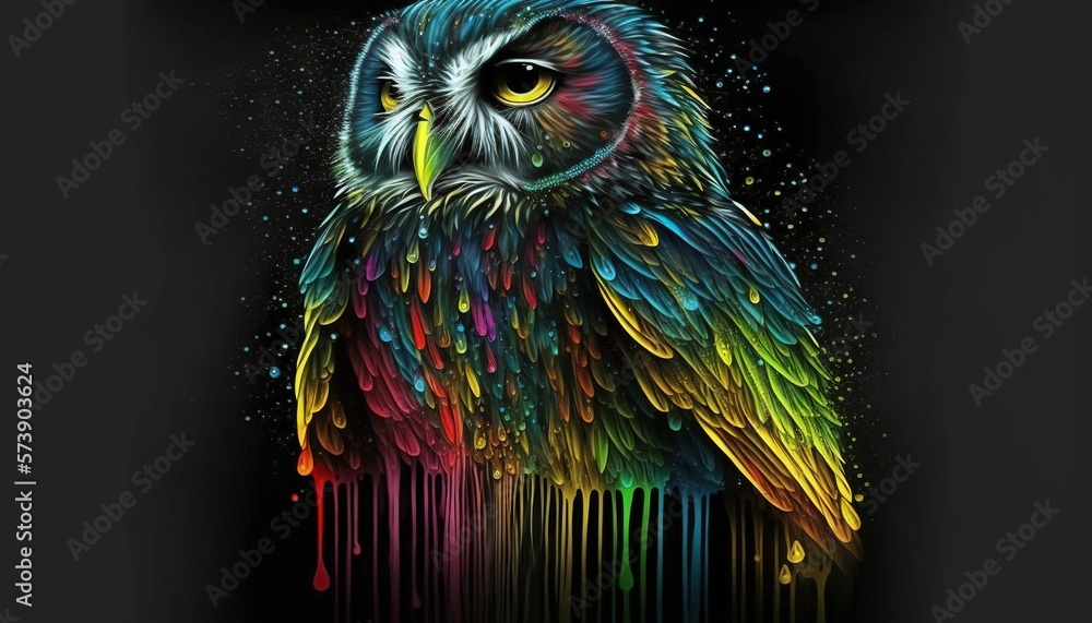  a colorful owl sitting on top of a black background with drops of paint all over its body and head