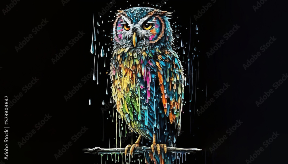  a colorful owl sitting on a branch in the rain with drops of paint on its wings and head, with a b