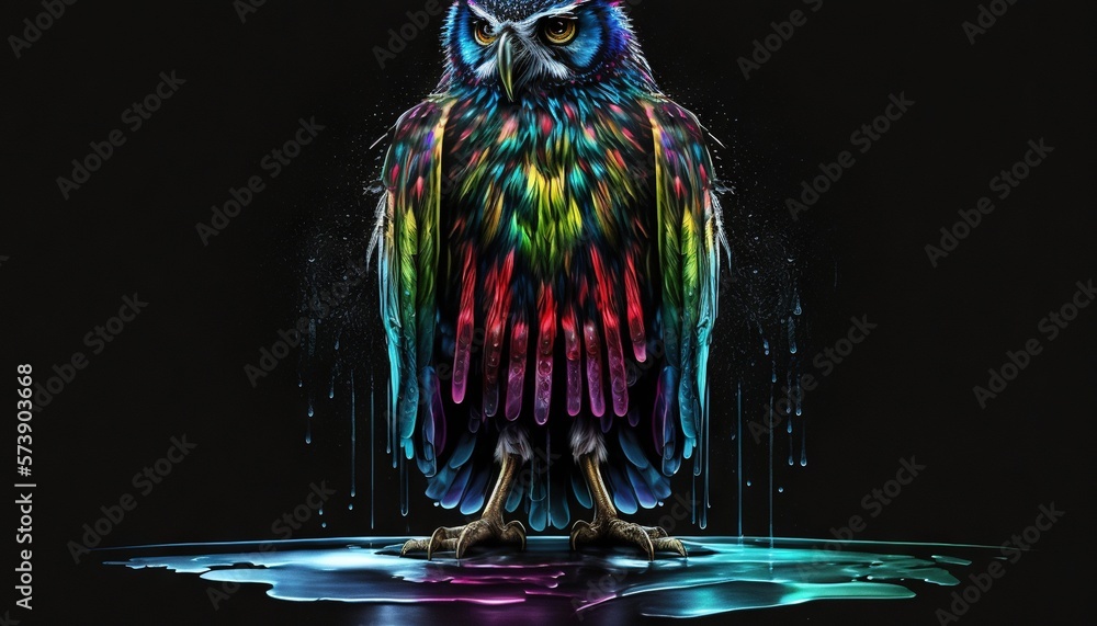  a colorful owl standing on a puddle of water on a black background with drops of paint on its wing