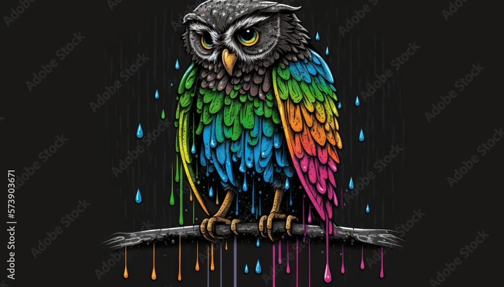  a colorful owl sitting on a branch in the rain with drops of paint on its wings and eyes, with a b