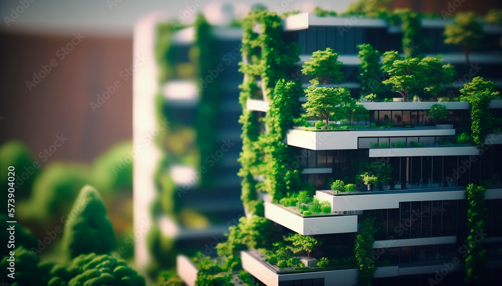 architecture and natural biological lush plant life sustainable city, close up. Digital ai generativ