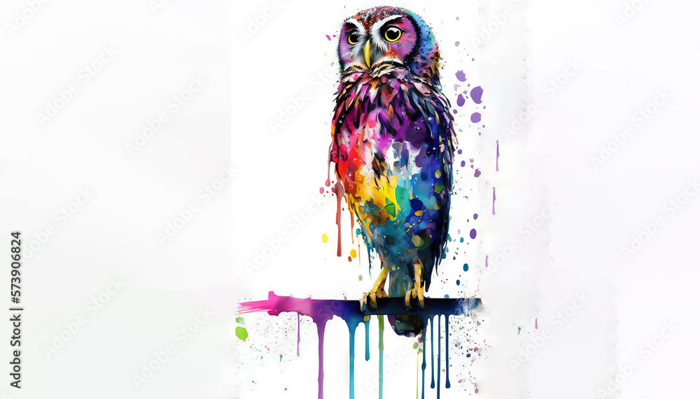  a colorful owl sitting on top of a white wall with paint splattered on its face and body and eyes,