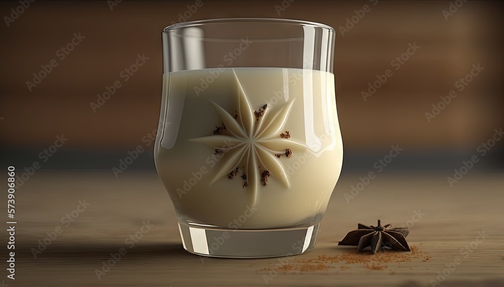  a glass of milk and a star anise on a wooden table with a spoon and a star anise on the side of the