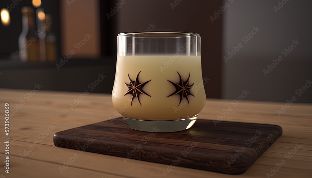  a glass of liquid sitting on top of a wooden table next to a bottle of wine and a candle holder on 