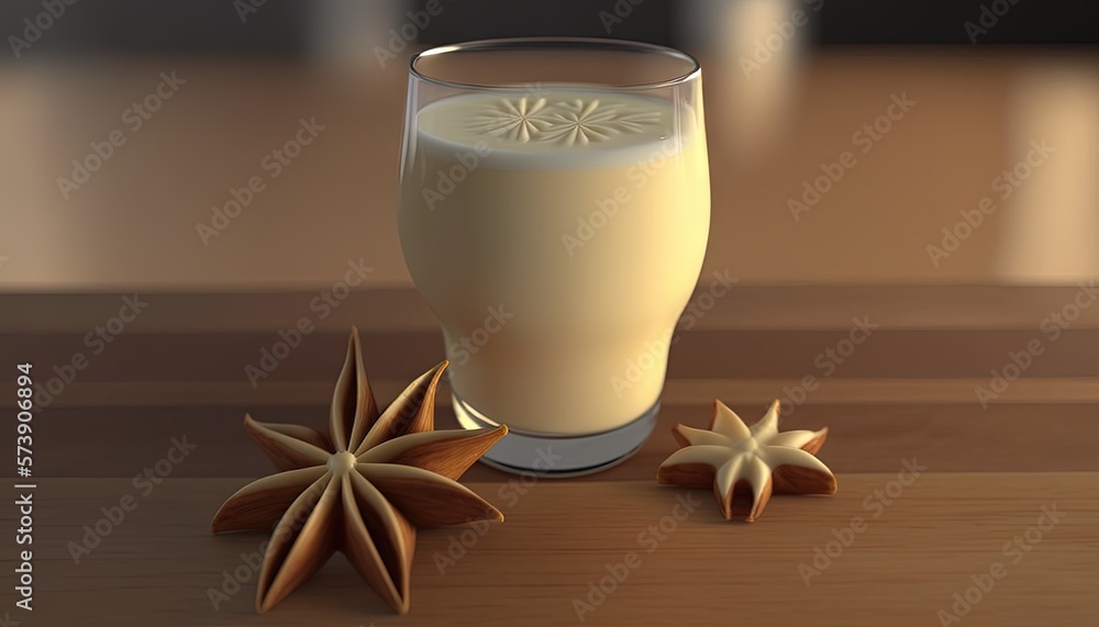  a glass of milk with star shaped cookies on a table next to a glass of milk with star shaped cookie