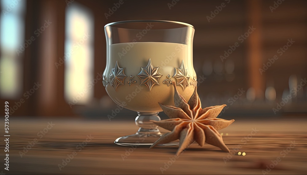  a glass of milk with a star decoration on the side of it on a wooden table in a room with a large w