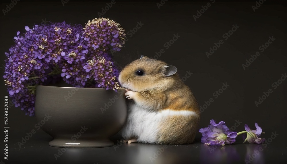  a hamster sitting next to a vase with purple flowers in it and a purple flower in the middle of the