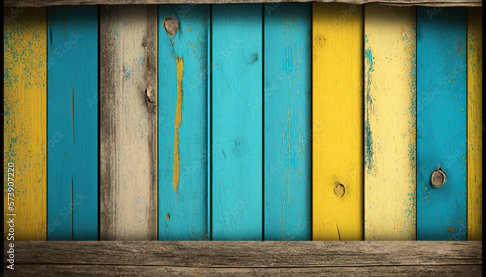  a wooden planked wall with a blue and yellow stripe painted on the side of the planks and a yellow 