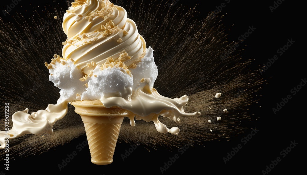  an ice cream cone with chocolate and vanilla swirls on a black background with a splash of chocolat