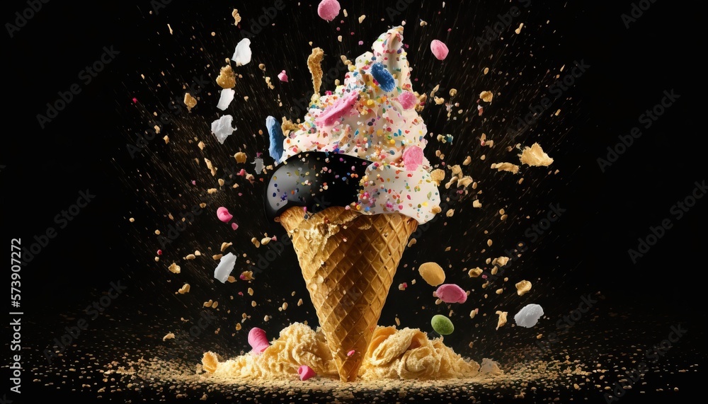  an ice cream cone with sprinkles and confetti falling out of it on a black background with confetti