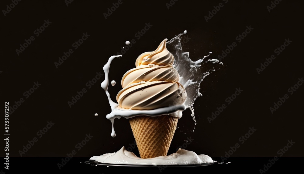  an ice cream cone with a splash of milk on its side, on a black background, with a splash of milk 