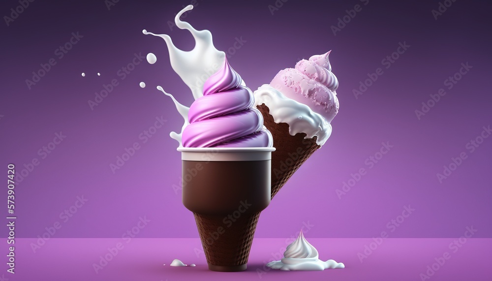  two ice cream cones are falling into each others cups with milk splashing out of the top of the cu