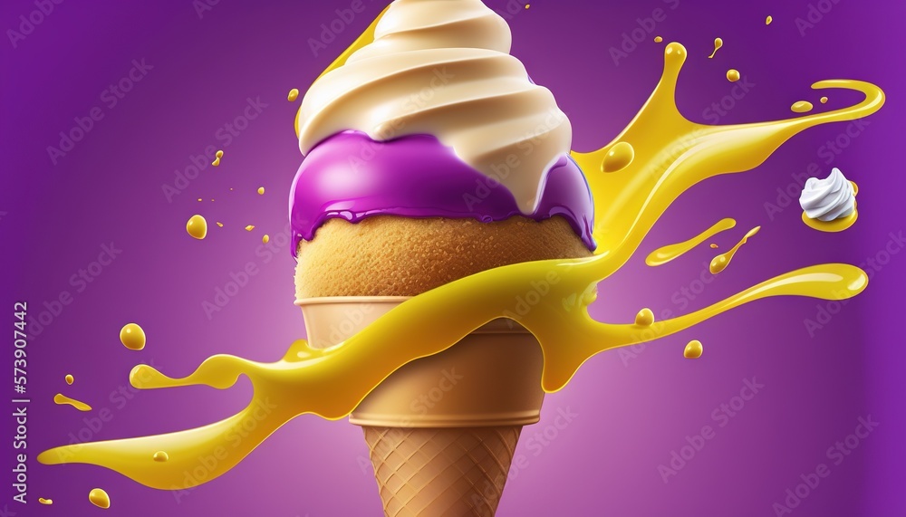  an ice cream cone with a purple and yellow swirl on top of it and a white and yellow swirl on the t