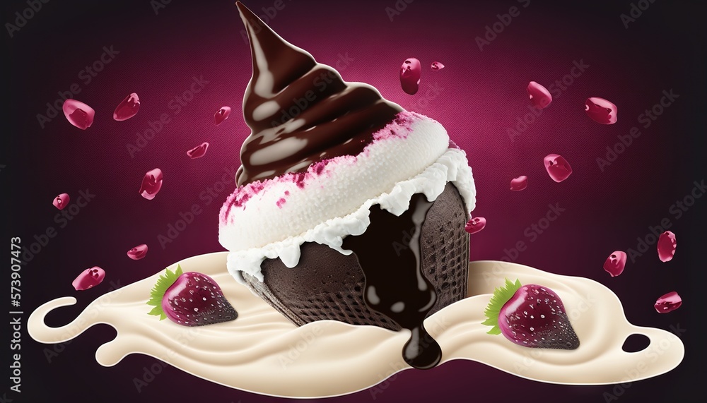  a chocolate ice cream sundae with strawberries on a purple background with drops of milk and chocol