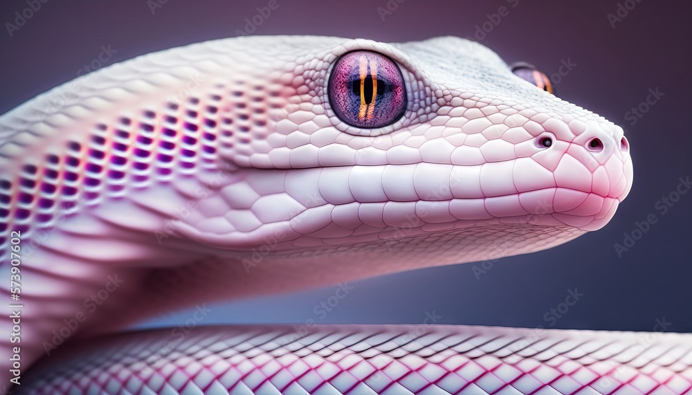  a close up of a snakes head with a purple background and a black background with a white snakes h