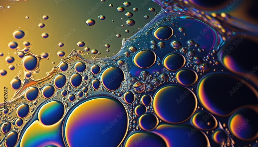  a close up view of a liquid filled with bubbles and bubbles of water on a yellow and blue backgroun