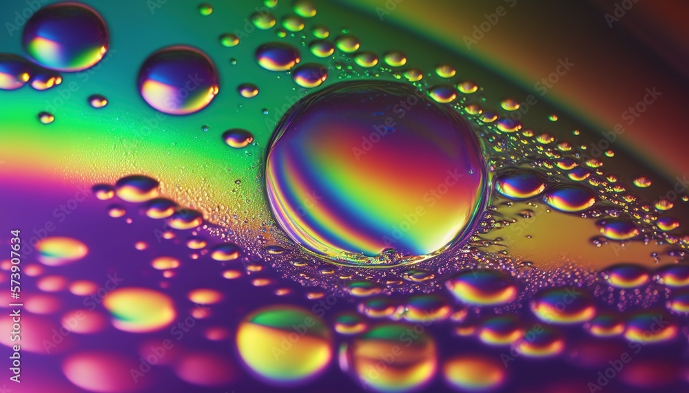  a close up view of a liquid filled with water droplets on a multicolored background with a black bo