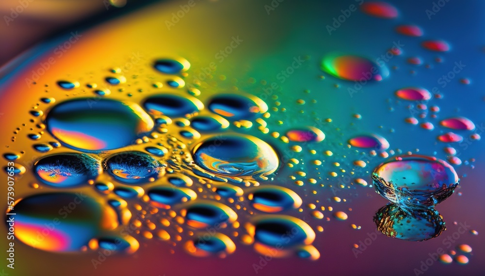  a close up of water droplets on a colorful surface with a drop of water on the bottom of the drop o