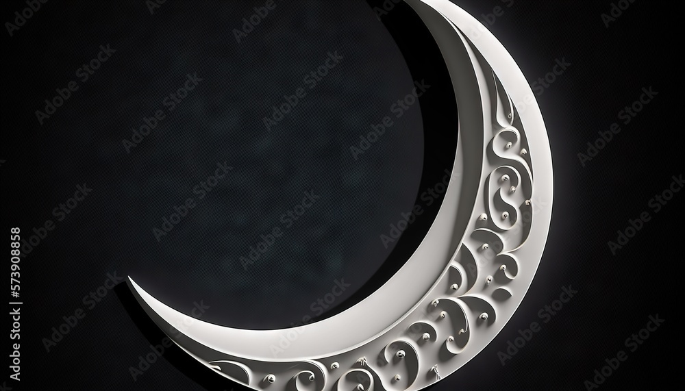  a white crescent shaped object with intricate designs on its side, against a black background, wit