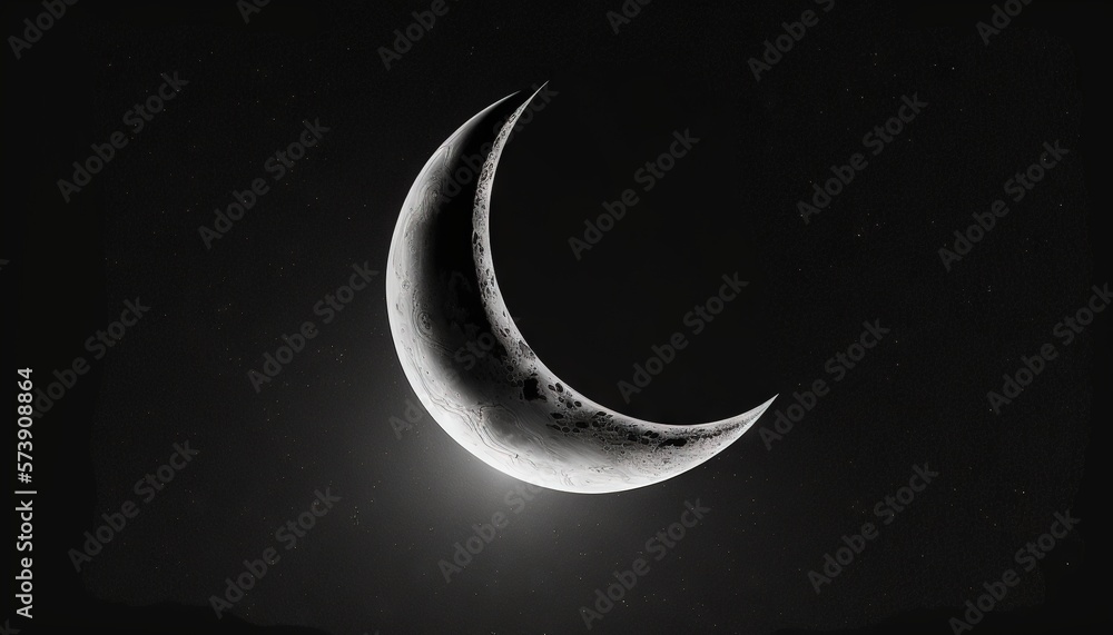  a crescent moon in the dark sky with a bright light shining on its side and a dark background with