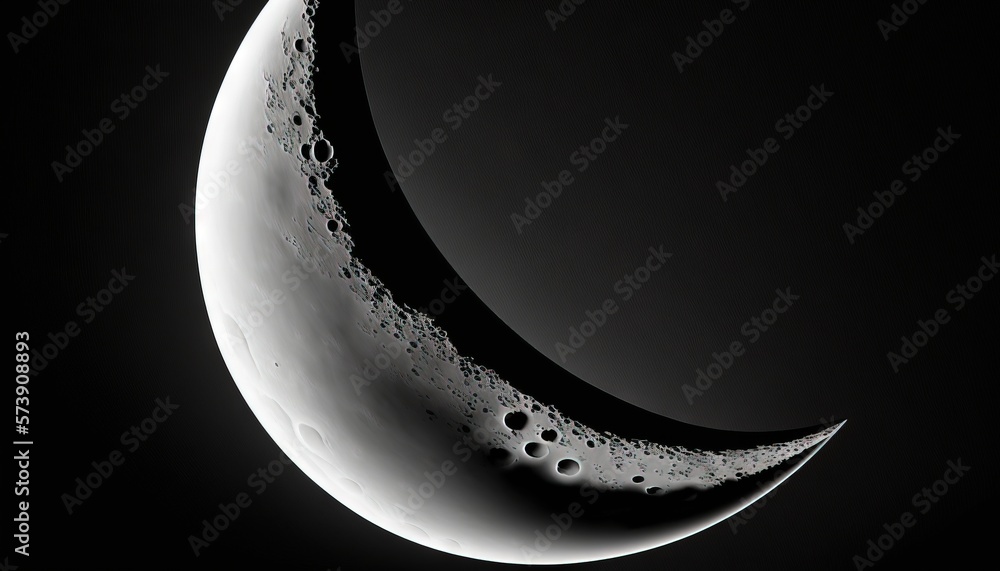  the crescent of a crescent moon in black and white, with a dark sky in the background, with a few s