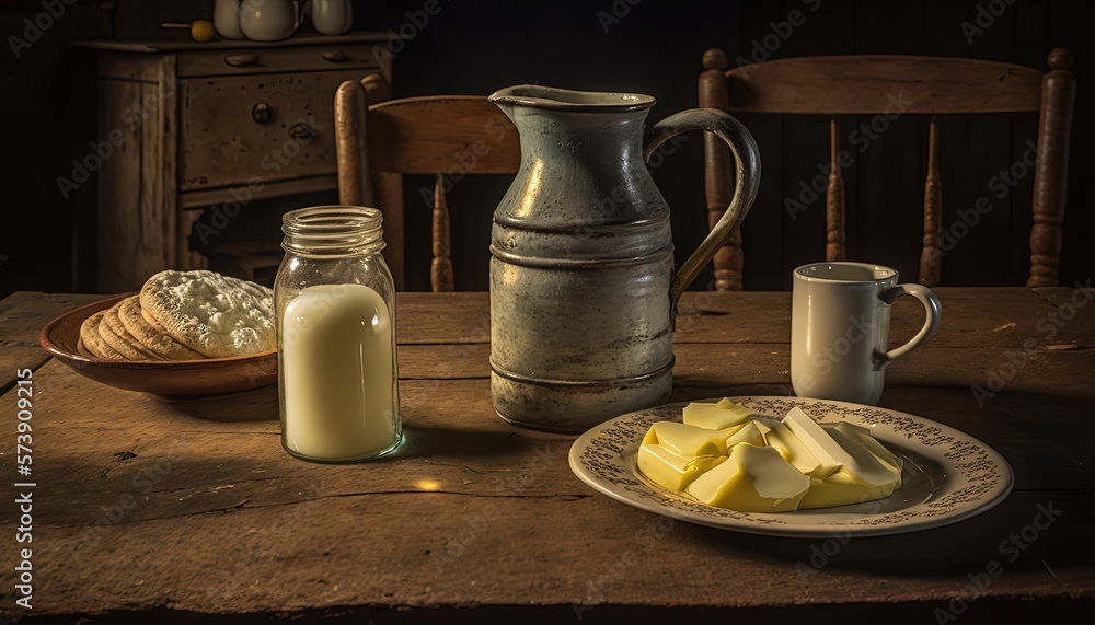  a wooden table topped with a plate of butter and a glass of milk next to a jug of milk and a plate 