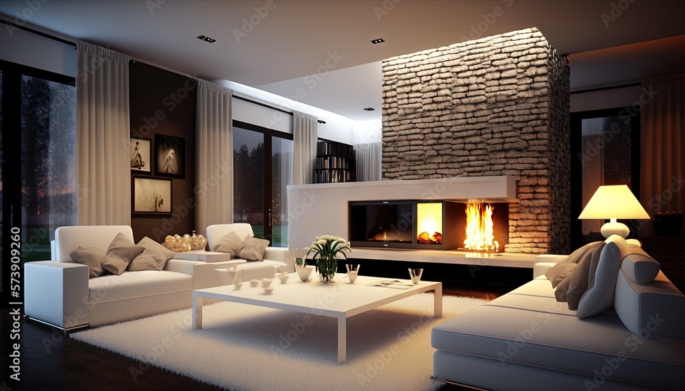  a modern living room with a fireplace and white couches and a white coffee table with a vase on it 