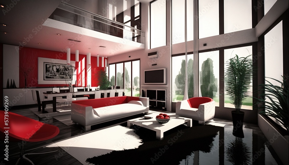  a modern living room with red and white furniture and a large glass window overlooking the outdoors