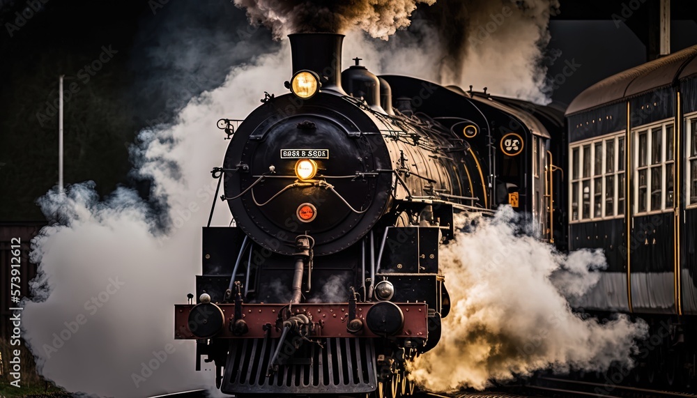  a steam engine train traveling down train tracks next to a train station with smoke billowing out o