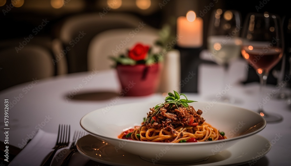  a plate of spaghetti with meat and vegetables on a table with a glass of wine and a candle in the b