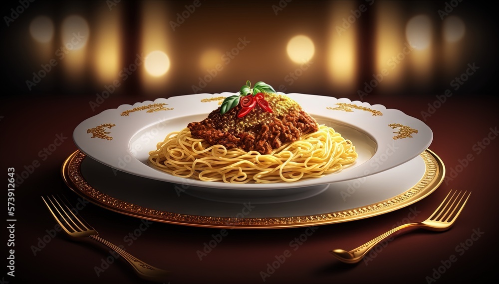  a plate of spaghetti on a table with a fork and a glass of wine on the side of the plate and a gold