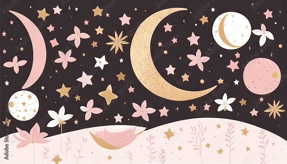  a painting of a crescent, stars, and a flower on a black background with pink and gold stars and a 