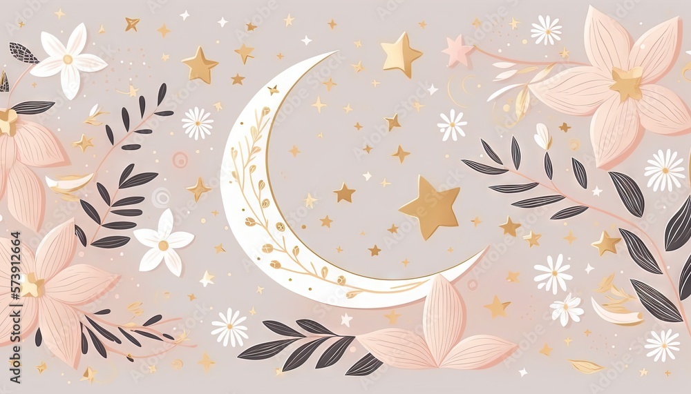  a pink and gold floral background with a crescent, stars, and a crescent with a moon on top of it a