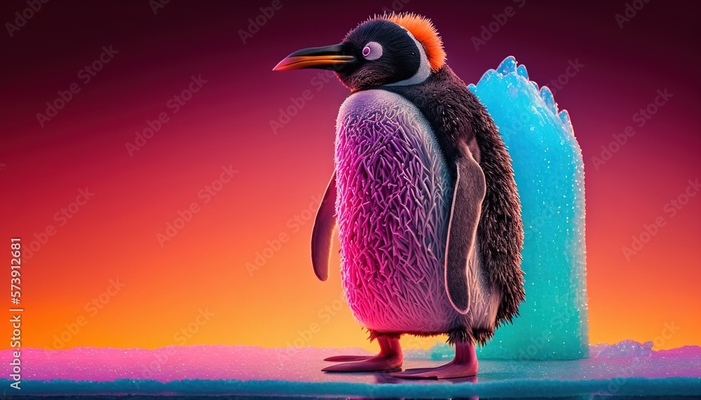  a penguin standing next to an iceberg on a colorful surface with a pink and blue background and a p