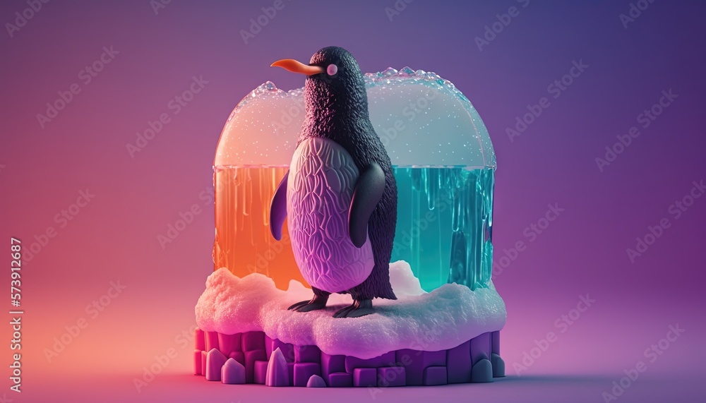  a penguin standing on a piece of ice with a pink and blue background and a purple and pink backgrou