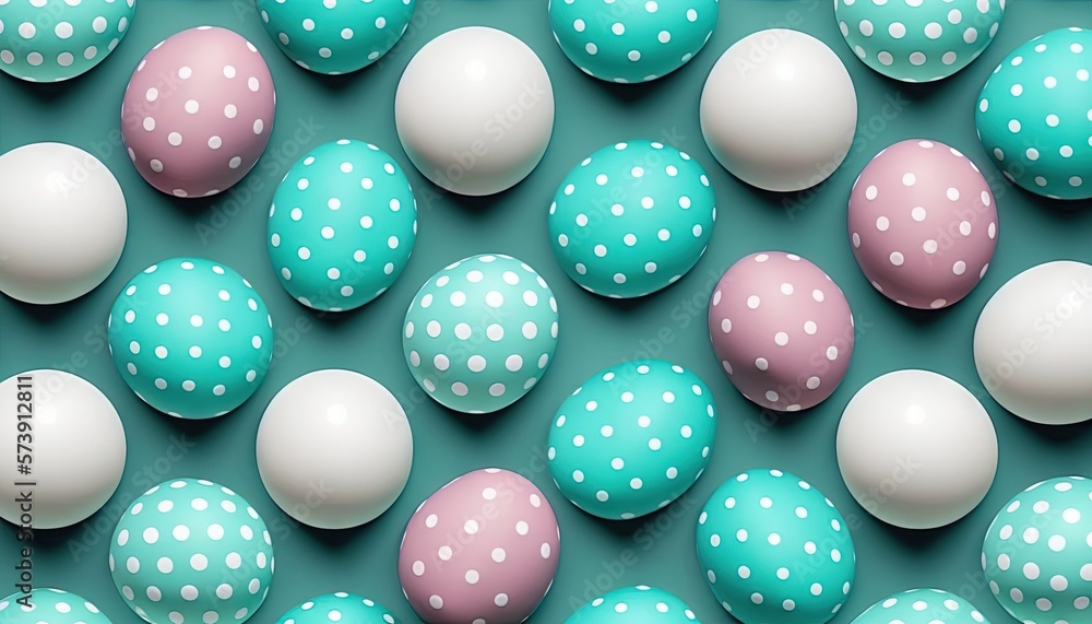  a group of different colored eggs on a blue surface with white dots on them and a blue background w